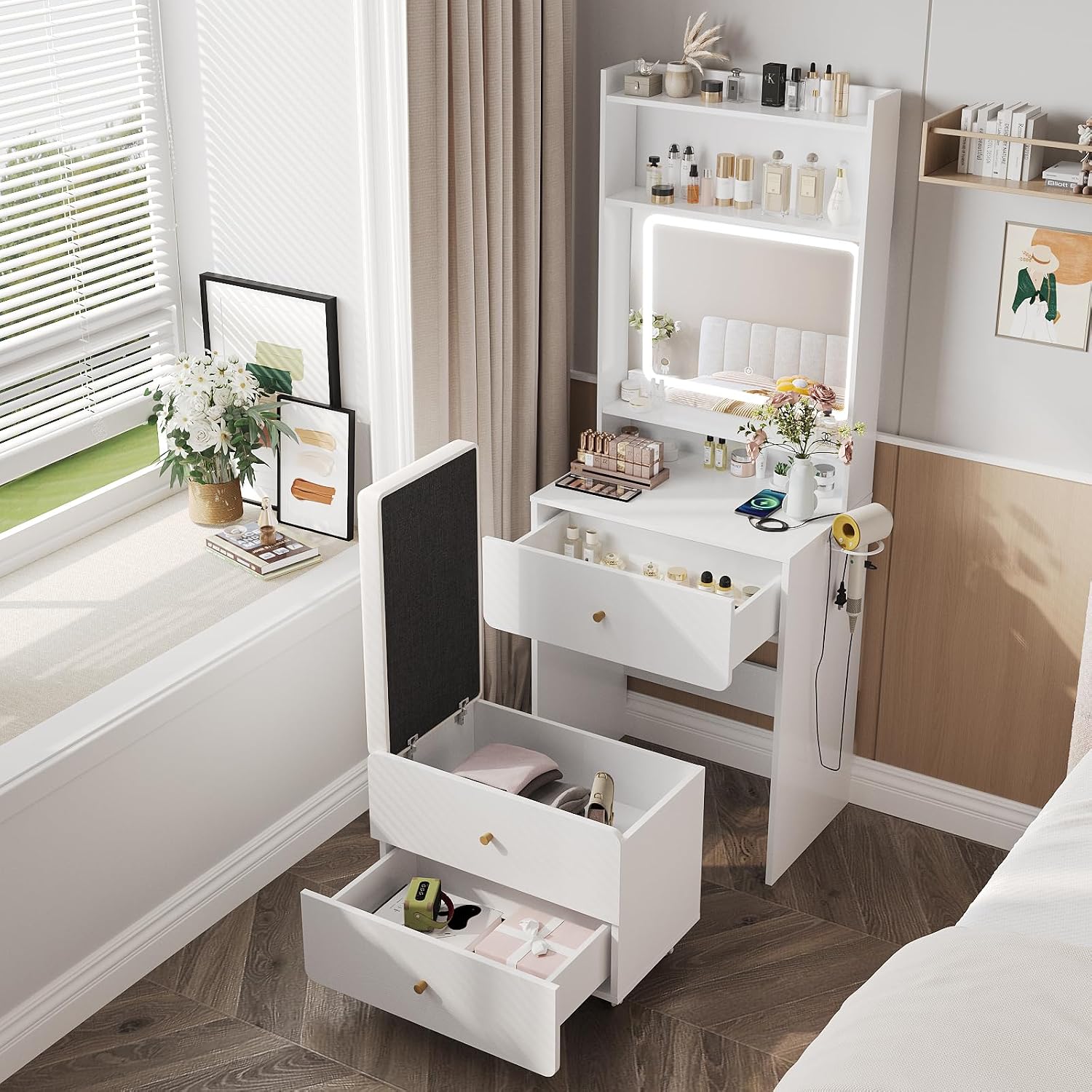 Desk Setup Bedroom - Coiffeuse avec miroir et éclairage, petite